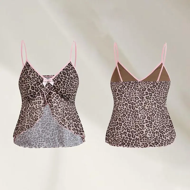 Women Leopard Print Contrast Front Split Sling Tops Summer Sexy Holiday Camisole
