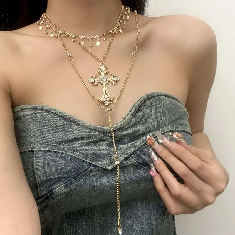 Clavicle Chain Necklace with Retro Baroque Cross Pendant; Multi-layered Personalized Luxury Jewelry Accessory