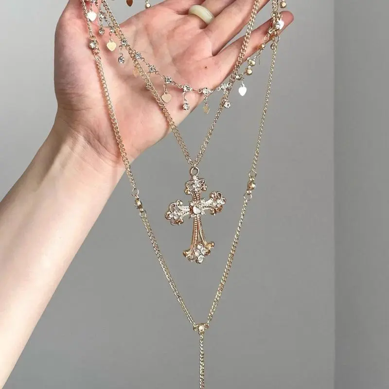Clavicle Chain Necklace with Retro Baroque Cross Pendant; Multi-layered Personalized Luxury Jewelry Accessory