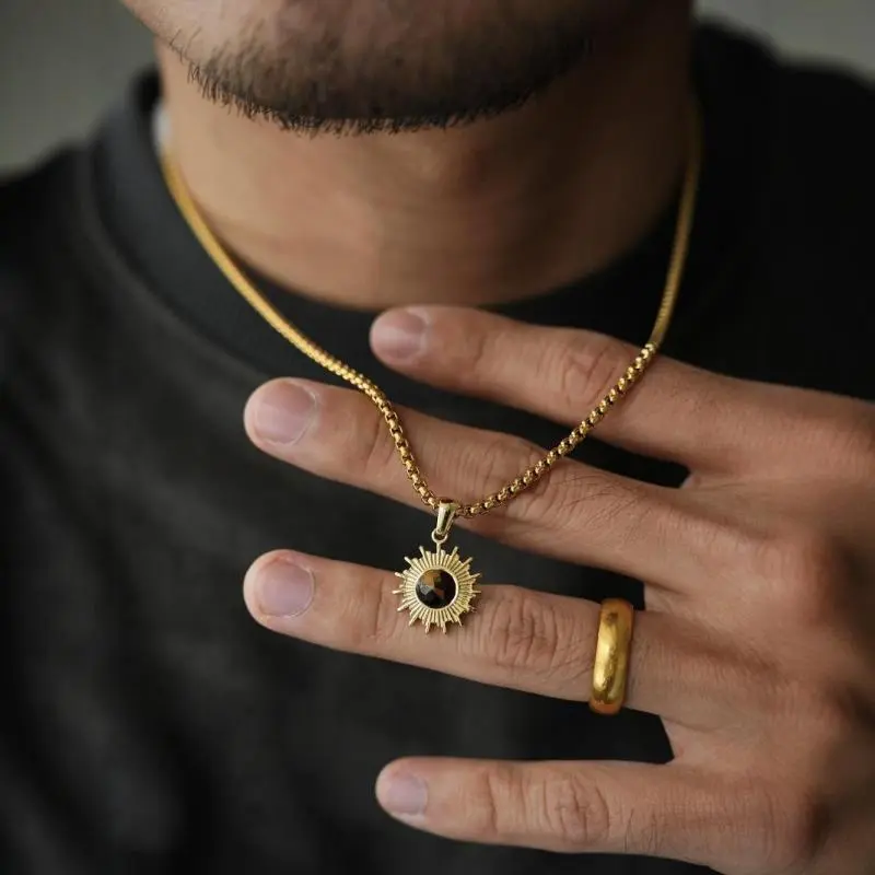 Simple Stainless Steel Chain Necklace Hip Hop Geometric Sunflower Pendant Choker Men Jewelry