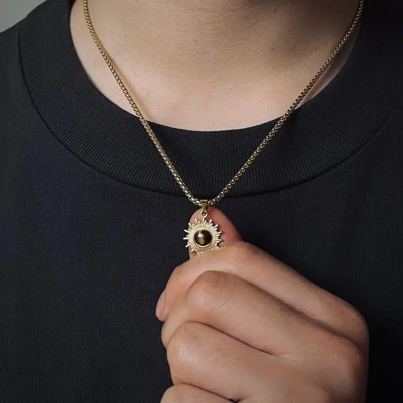 Simple Stainless Steel Chain Necklace Hip Hop Geometric Sunflower Pendant Choker Men Jewelry