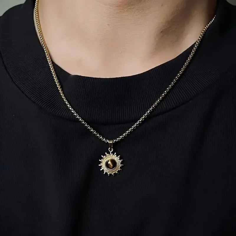Simple Stainless Steel Chain Necklace Hip Hop Geometric Sunflower Pendant Choker Men Jewelry