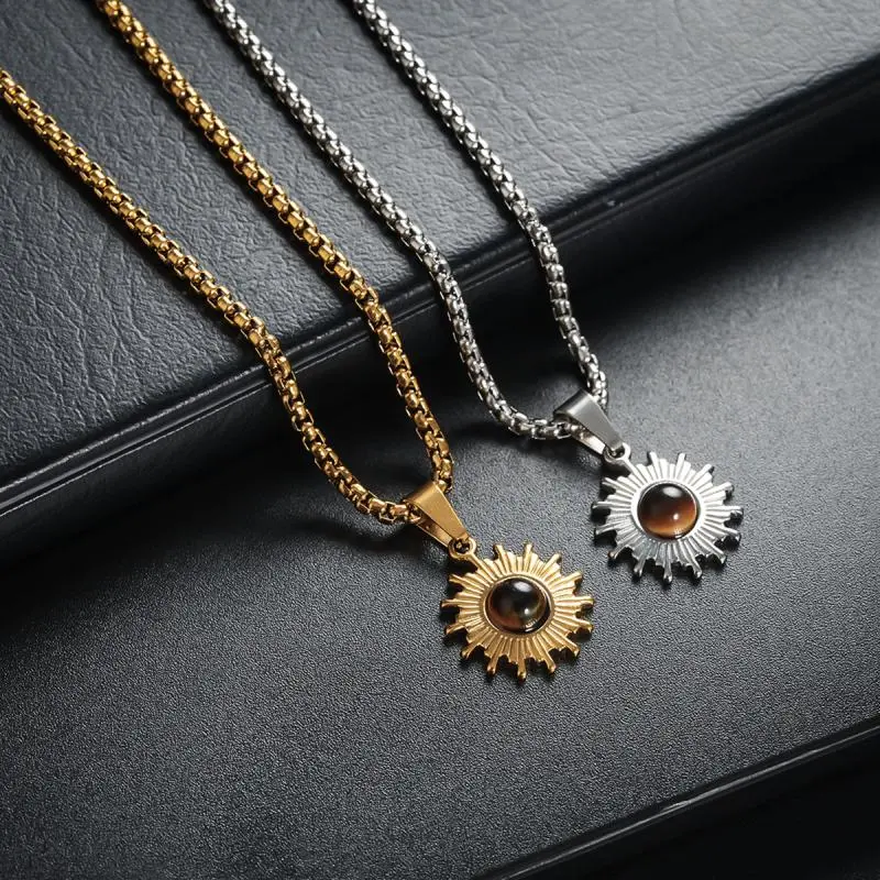 Simple Stainless Steel Chain Necklace Hip Hop Geometric Sunflower Pendant Choker Men Jewelry