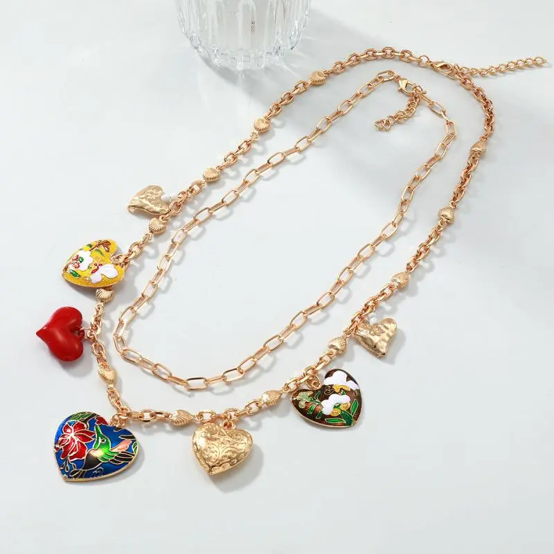 2Pcs/set Bohemia Heart-shaped Flower Pendant Multi-Layer Necklace For Women Summer Vacation Style Party Jewelry Neck Accessories