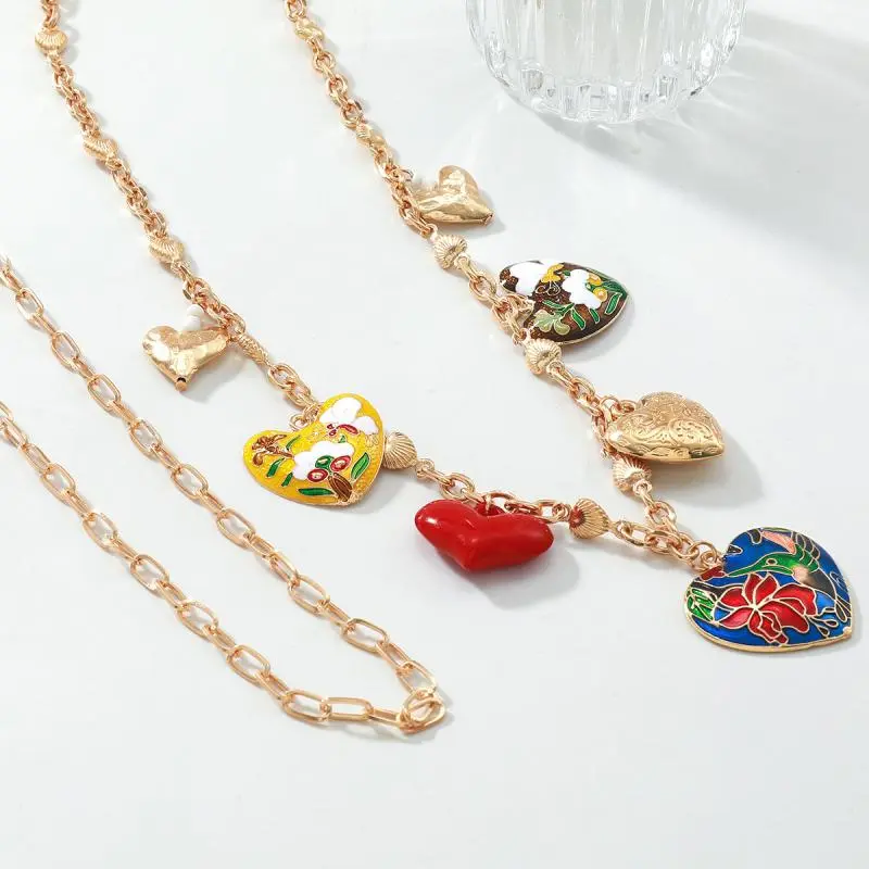 2Pcs/set Bohemia Heart-shaped Flower Pendant Multi-Layer Necklace For Women Summer Vacation Style Party Jewelry Neck Accessories