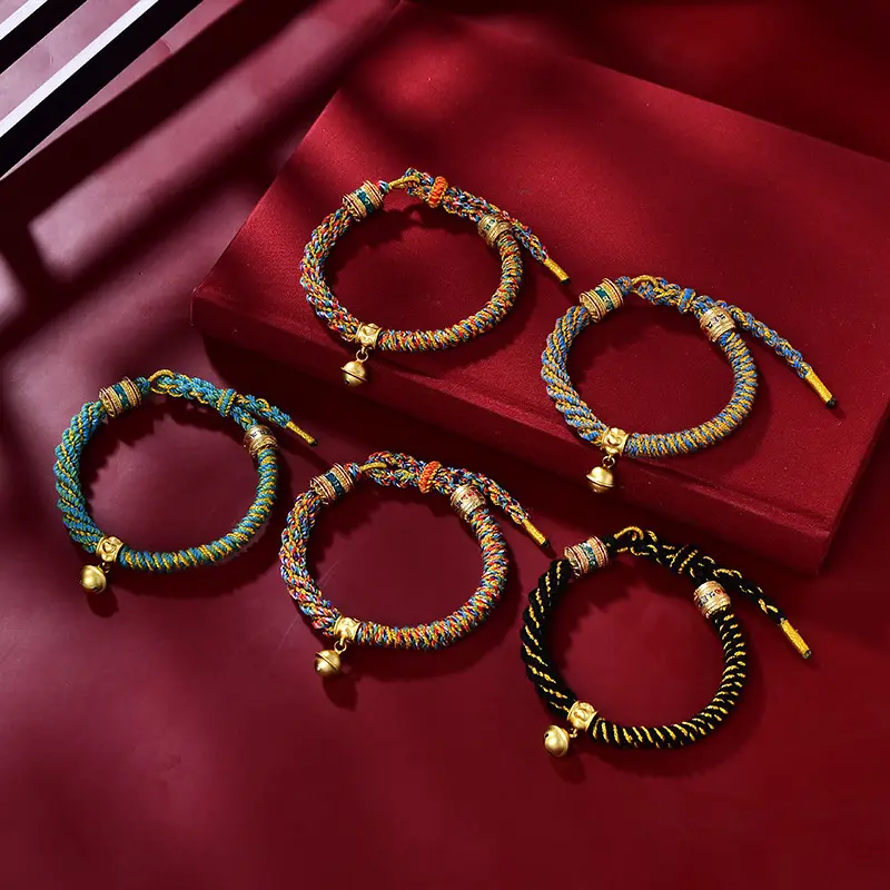 Women's Tibetan Hand-woven Bracelet; Colorful Threadwork and Bell Charm for Luck.