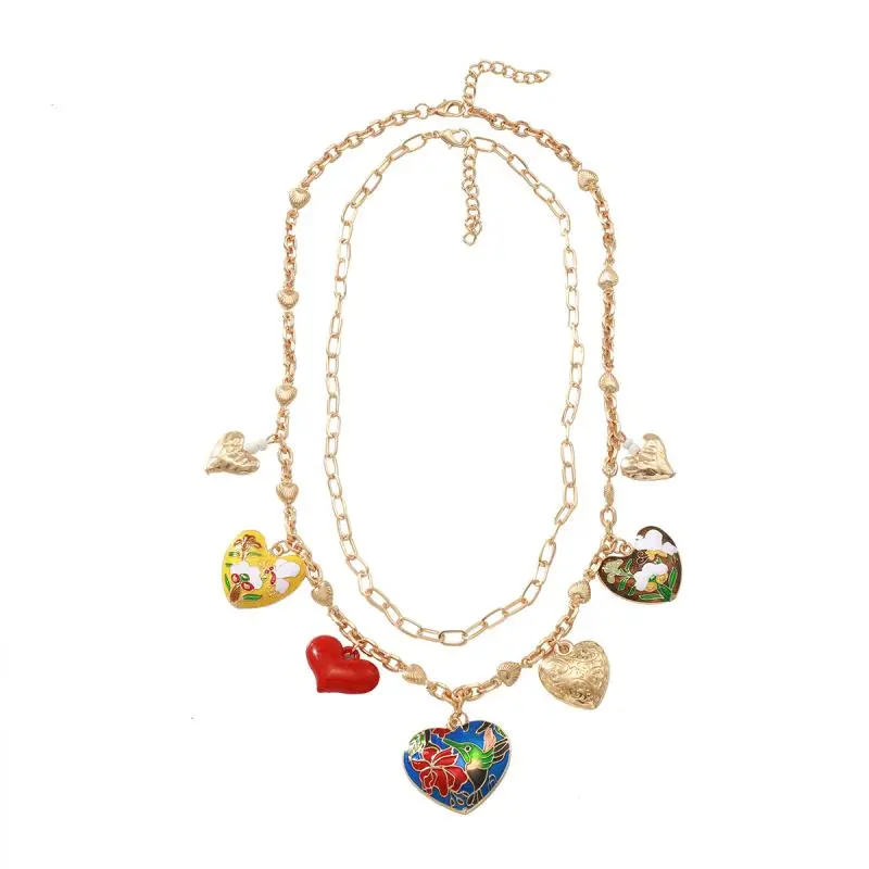 2Pcs/set Bohemia Heart-shaped Flower Pendant Multi-Layer Necklace For Women Summer Vacation Style Party Jewelry Neck Accessories