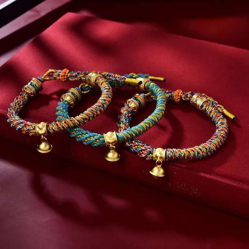 Women's Tibetan Hand-woven Bracelet; Colorful Threadwork and Bell Charm for Luck.