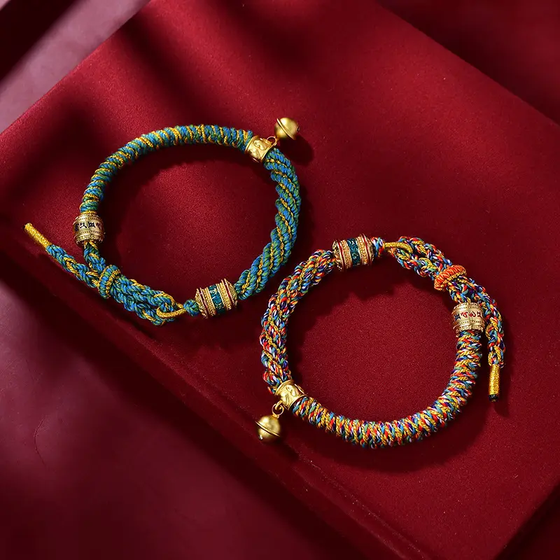 Women's Tibetan Hand-woven Bracelet; Colorful Threadwork and Bell Charm for Luck.