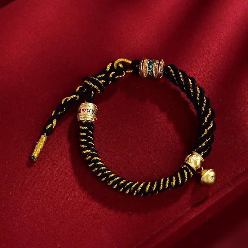 Women's Tibetan Hand-woven Bracelet; Colorful Threadwork and Bell Charm for Luck.