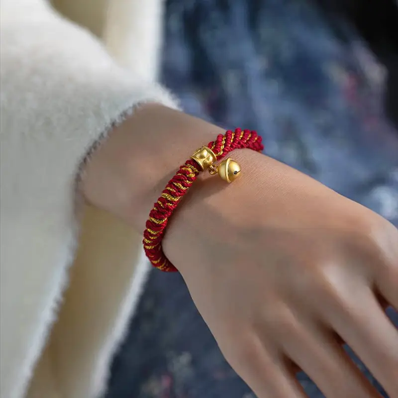 Women's Tibetan Hand-woven Bracelet; Colorful Threadwork and Bell Charm for Luck.