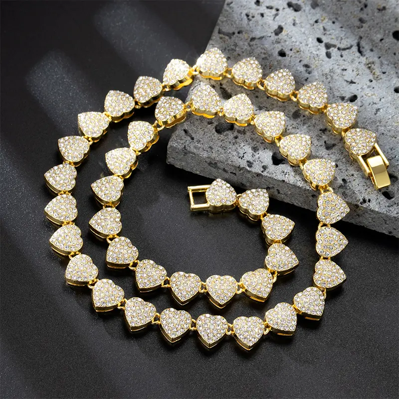 Chic 18-60CM Heart Zircon Chain Bracelet and Necklace with Dazzling Rhinestones; Hip Hop and Rock Party Must-Have Jewelry