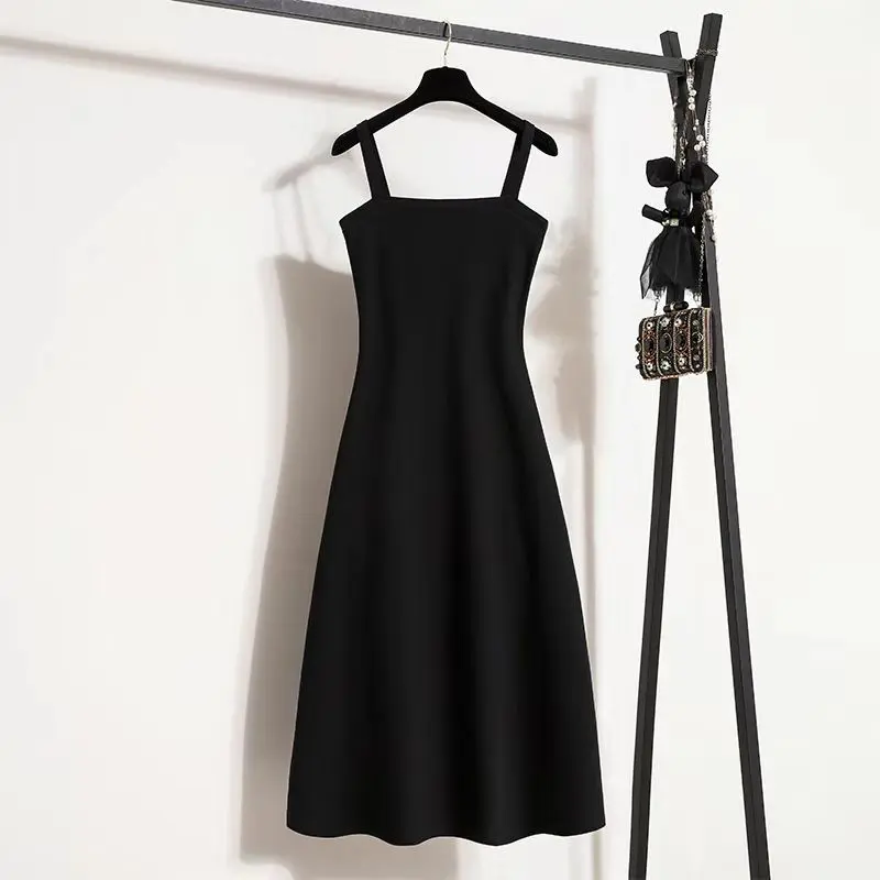 Plus Size Women's Versatile Suspender Long A-line Dress And Cardigan Top Two Pieces Set