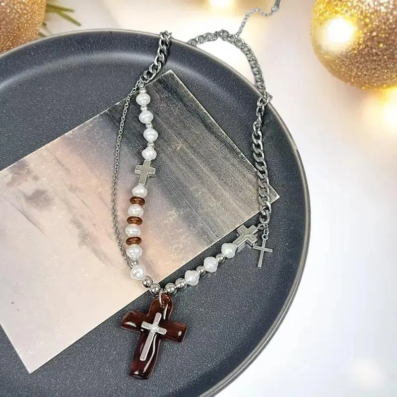 Gothic Dark Style Beaded Thorns Rivet Cross Necklace Women's Punk Vintage Double Layer Chain Jewelry Accessory