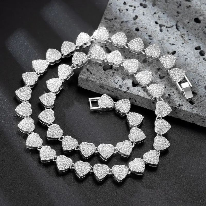 Chic 18-60CM Heart Zircon Chain Bracelet and Necklace with Dazzling Rhinestones; Hip Hop and Rock Party Must-Have Jewelry