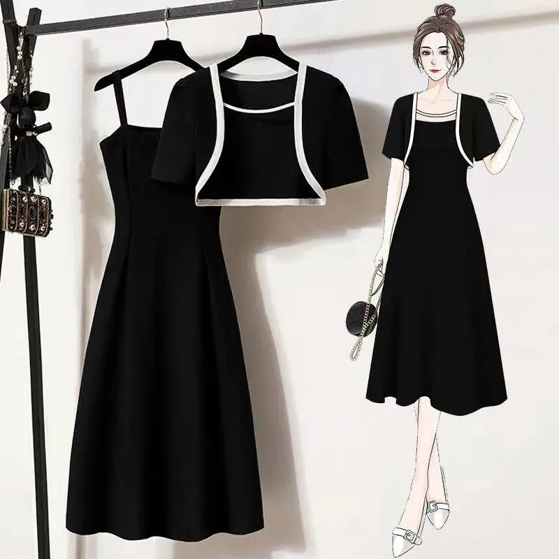 Plus Size Women's Versatile Suspender Long A-line Dress And Cardigan Top Two Pieces Set