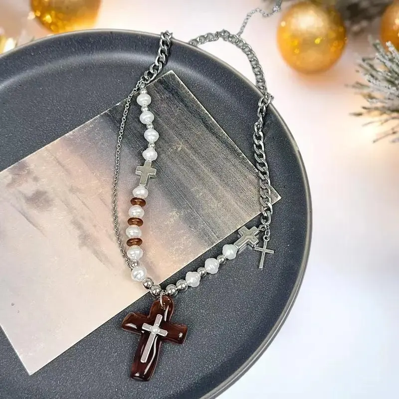 Gothic Dark Style Beaded Thorns Rivet Cross Necklace Women's Punk Vintage Double Layer Chain Jewelry Accessory