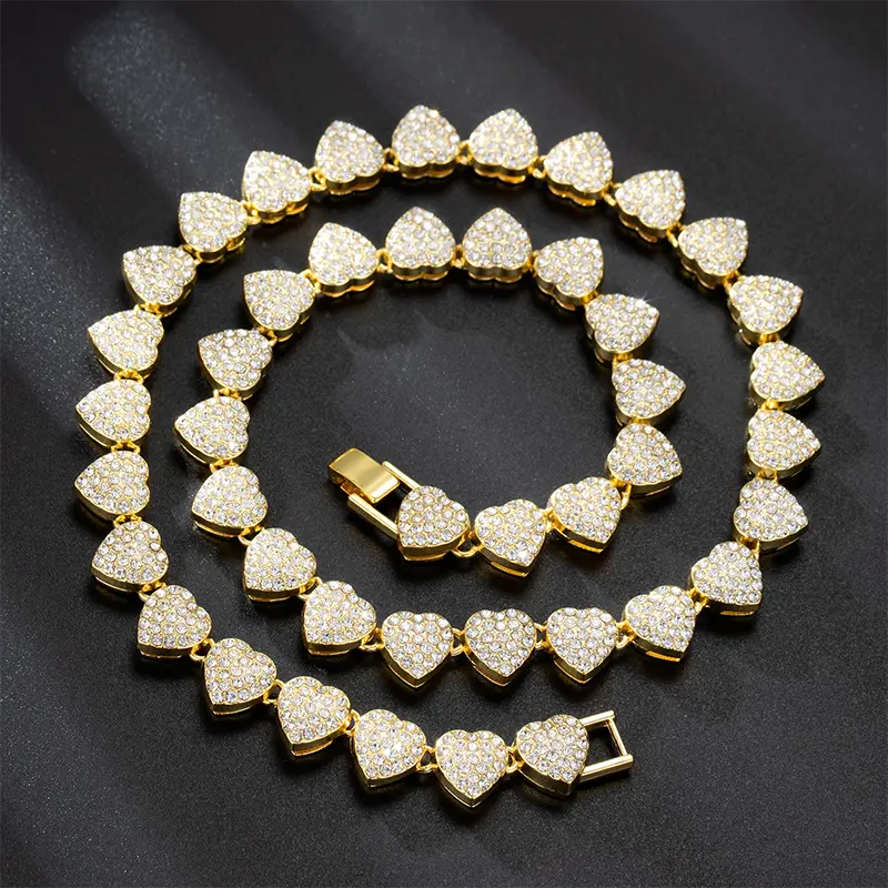 Chic 18-60CM Heart Zircon Chain Bracelet and Necklace with Dazzling Rhinestones; Hip Hop and Rock Party Must-Have Jewelry