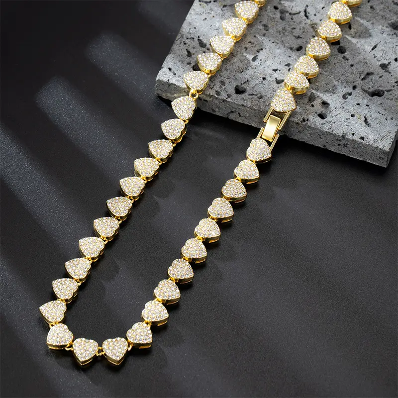 Chic 18-60CM Heart Zircon Chain Bracelet and Necklace with Dazzling Rhinestones; Hip Hop and Rock Party Must-Have Jewelry