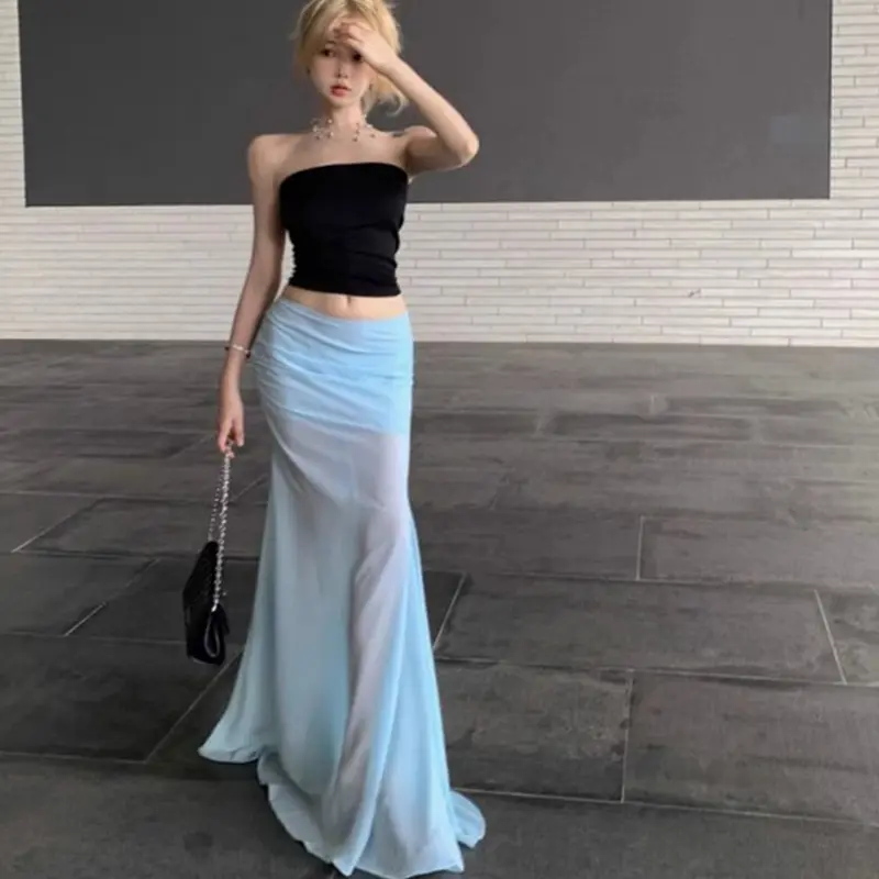 Fashion Sexy Hot Girl Black Tube Top Vest Mesh Fishtail Hip Skirt Two-Piece Set
