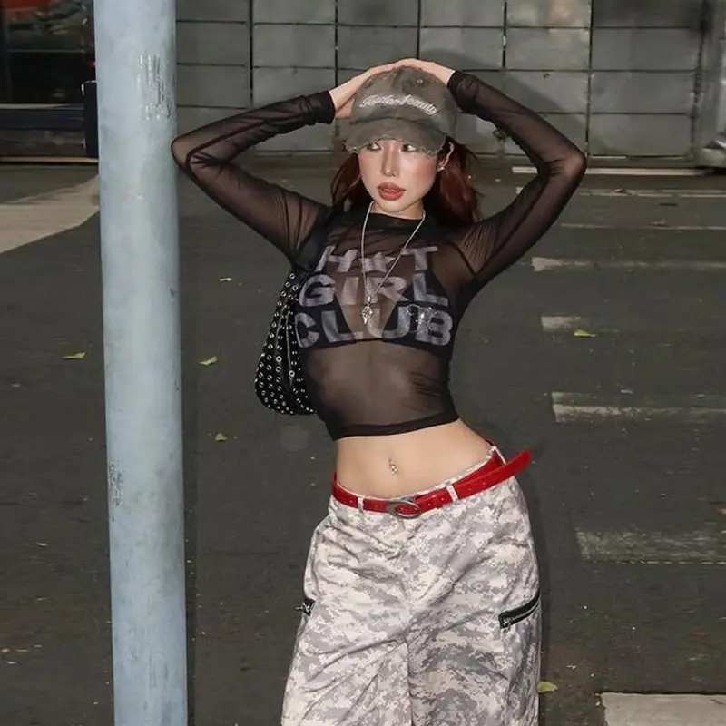 Letter Printed Mesh See Through Crop Tops Crew Neck Long Sleeve Graphic T Shirts Streetwear Women Clothing