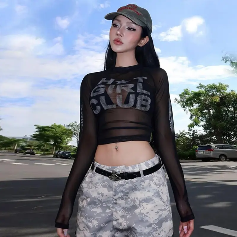 Letter Printed Mesh See Through Crop Tops Crew Neck Long Sleeve Graphic T Shirts Streetwear Women Clothing