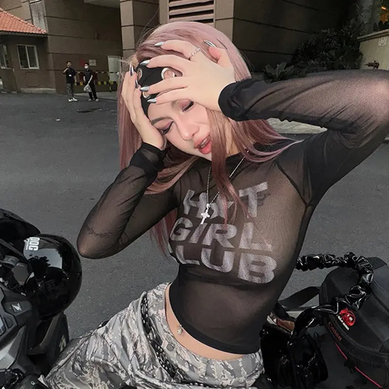 Letter Printed Mesh See Through Crop Tops Crew Neck Long Sleeve Graphic T Shirts Streetwear Women Clothing