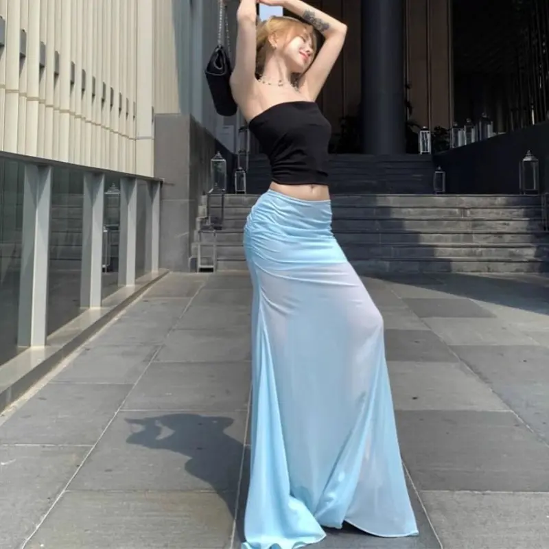 Fashion Sexy Hot Girl Black Tube Top Vest Mesh Fishtail Hip Skirt Two-Piece Set