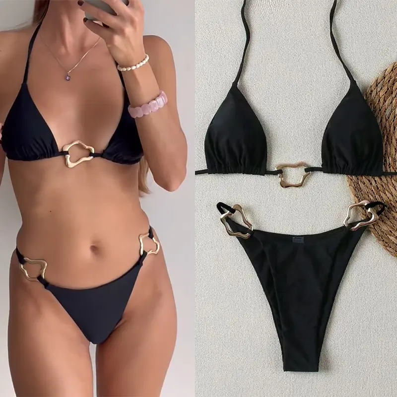 Sexy Solid Color Halter String Triangle Two Piece Bikini Trendy Metal Buckle Swimsuit For Women Summer Beach Lace-up Swimsuit
