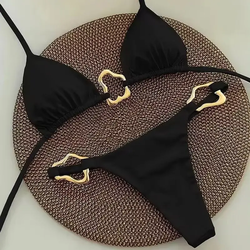 Sexy Solid Color Halter String Triangle Two Piece Bikini Trendy Metal Buckle Swimsuit For Women Summer Beach Lace-up Swimsuit