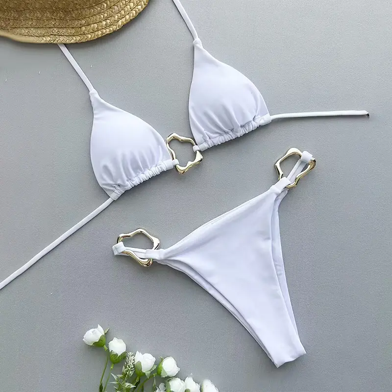Sexy Solid Color Halter String Triangle Two Piece Bikini Trendy Metal Buckle Swimsuit For Women Summer Beach Lace-up Swimsuit
