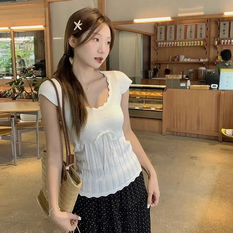 Fashionable Sweet Korean Style Slim Stretch Knitted T-Shirt For Women