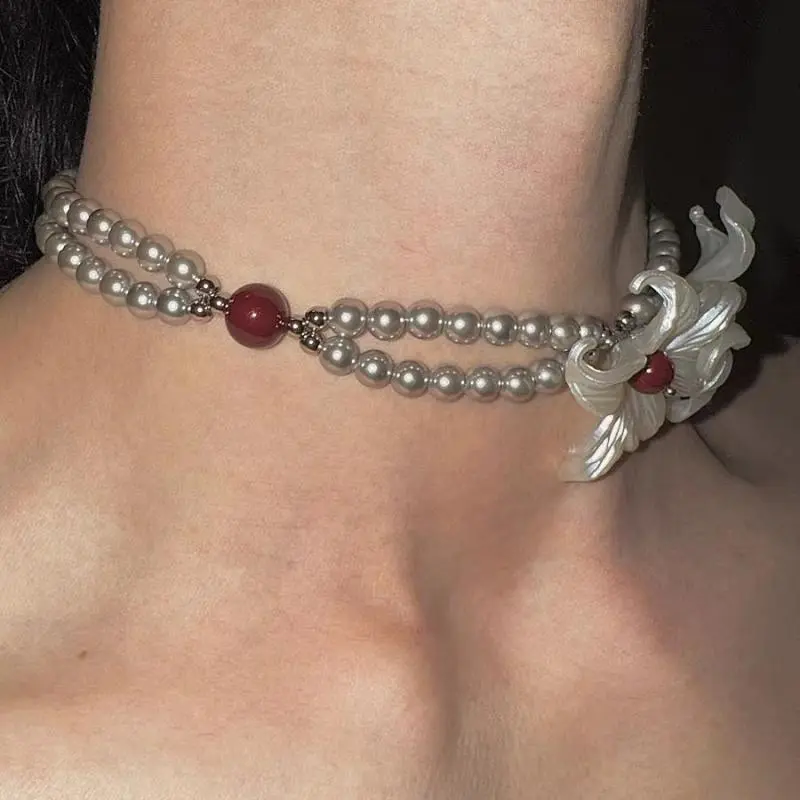 Fashion Double Layered Pearl Bead Necklace Ring For Women Men Gothic White Iris Flowers Short Necklace Y2K Charm Jewelry Gifts