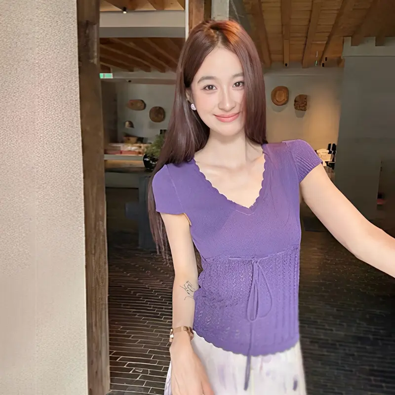Fashionable Sweet Korean Style Slim Stretch Knitted T-Shirt For Women