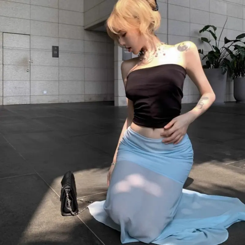 Fashion Sexy Hot Girl Black Tube Top Vest Mesh Fishtail Hip Skirt Two-Piece Set