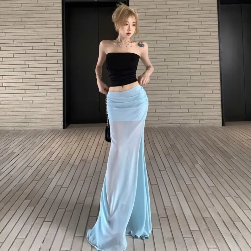 Fashion Sexy Hot Girl Black Tube Top Vest Mesh Fishtail Hip Skirt Two-Piece Set