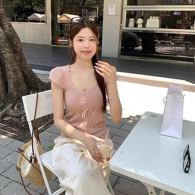 Fashionable Sweet Korean Style Slim Stretch Knitted T-Shirt For Women