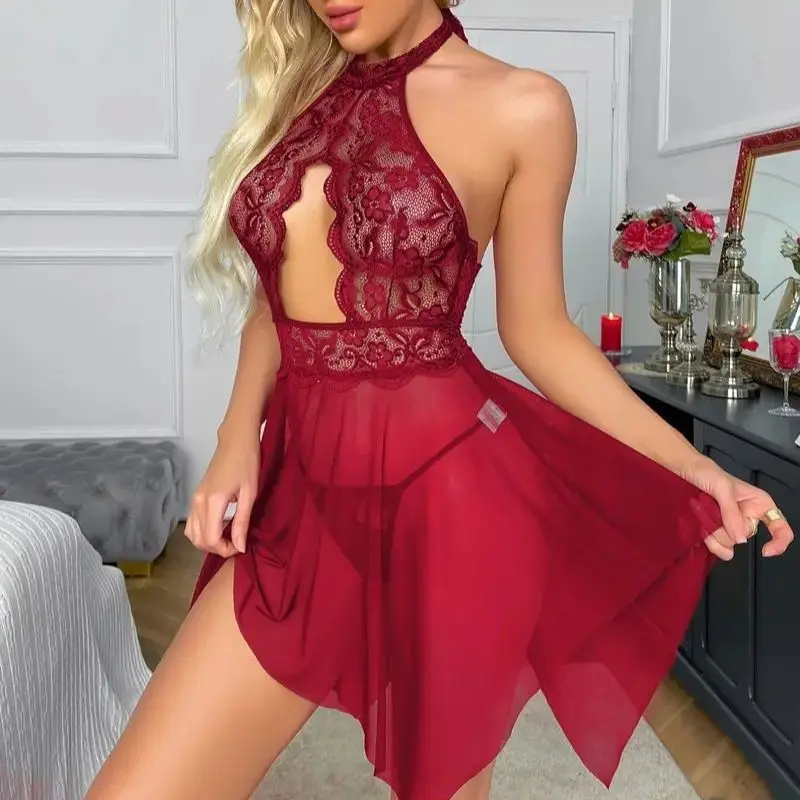 Fashionable Casual Sexy Nightgown With Lace Mesh And Patchwork Pajama Set