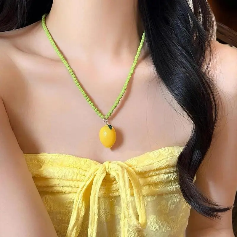 Colorful Strawberry Lemon Summer Pendant; Dopamine Style Trendy Choker Necklace for Women and Girls