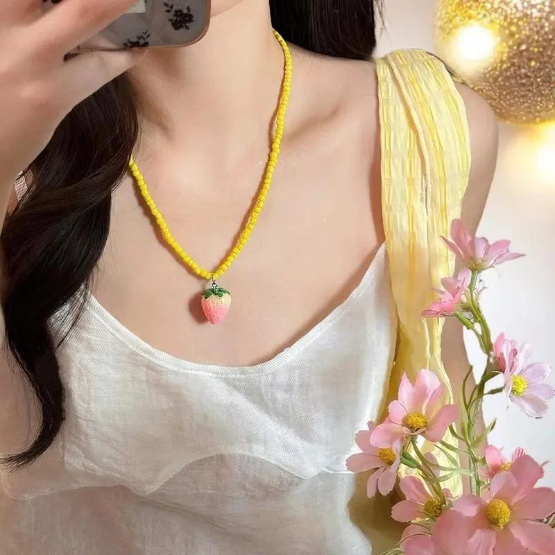 Colorful Strawberry Lemon Summer Pendant; Dopamine Style Trendy Choker Necklace for Women and Girls