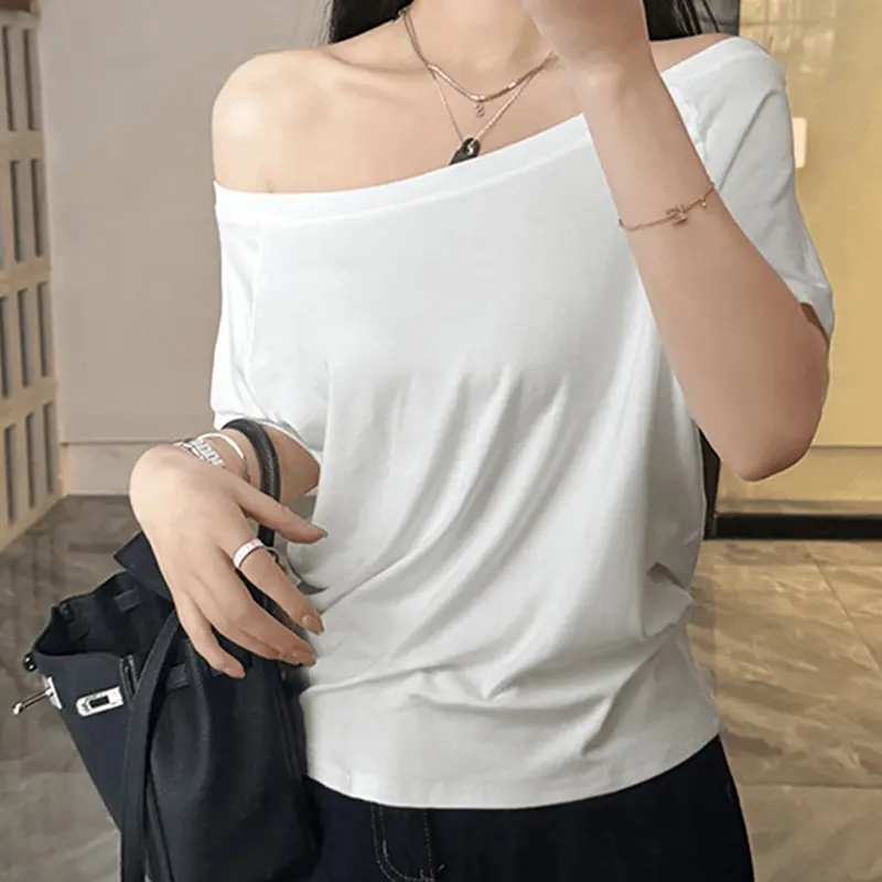Summer Slash Neck T Shirts Women Short Sleeve Top Sexy Off Shoulder Oversized T Shirt Solid Loose T Shirts For Women White