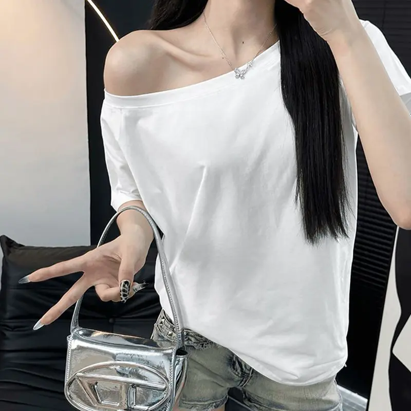 Summer Slash Neck T Shirts Women Short Sleeve Top Sexy Off Shoulder Oversized T Shirt Solid Loose T Shirts For Women White