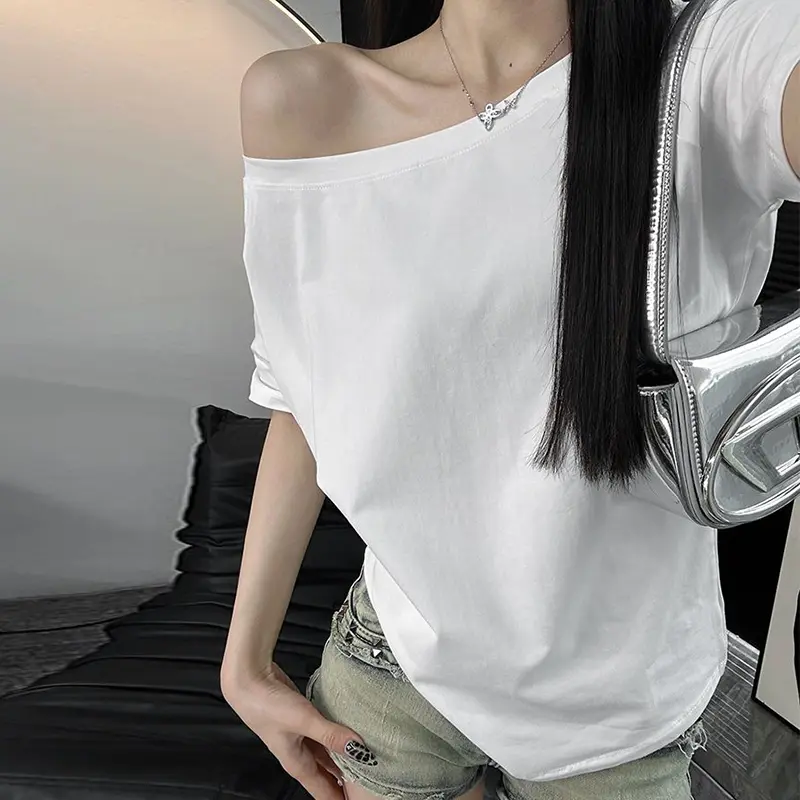 Summer Slash Neck T Shirts Women Short Sleeve Top Sexy Off Shoulder Oversized T Shirt Solid Loose T Shirts For Women White