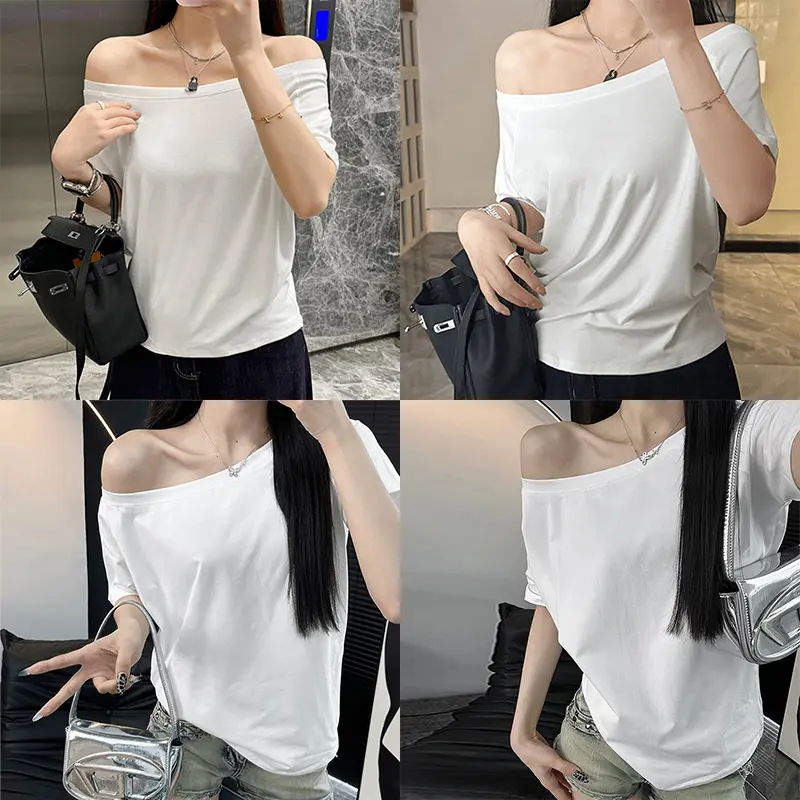Summer Slash Neck T Shirts Women Short Sleeve Top Sexy Off Shoulder Oversized T Shirt Solid Loose T Shirts For Women White