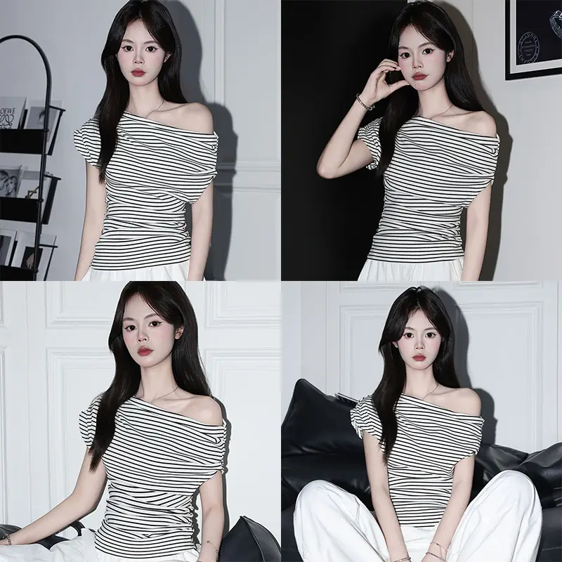Sloping Shoulders Striped Short-Sleeved T-shirt Women Summer Casual Cropped Top