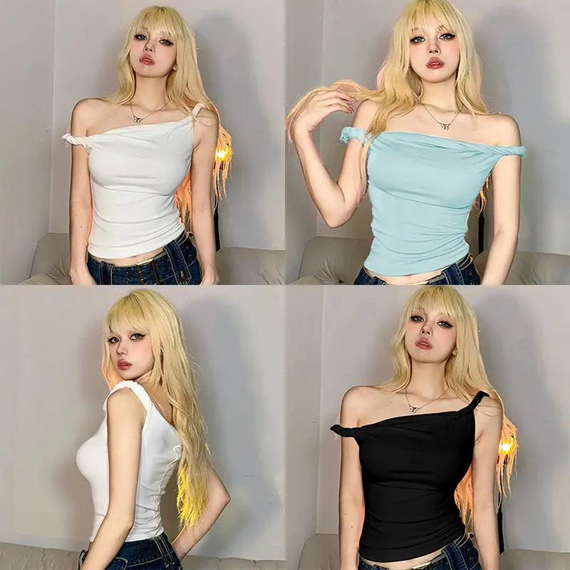 Pure Desire Simple Twisted One-Shoulder Off-Shoulder T-shirt Design Sheath Tops