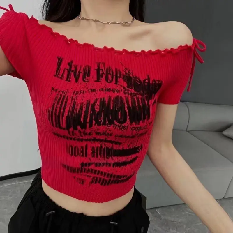Summer Fashion Slim Fit One Shoulder Sexy Knot Elastic Red T-Shirt For Women