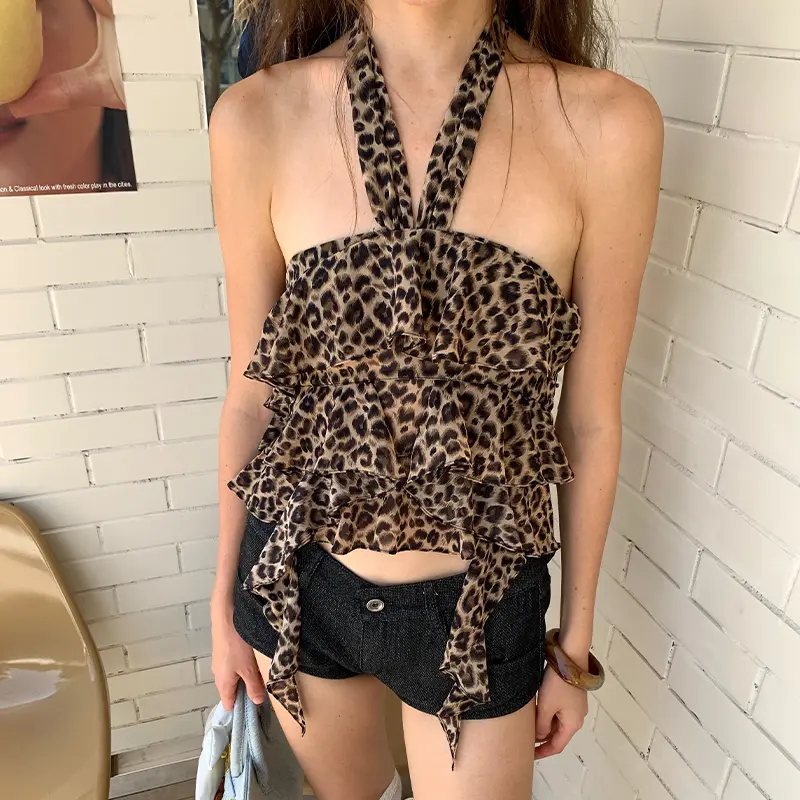 Korean Style Summer Vacation Leopard Print Halter Neck Backless Sling Design Sleeveless Vest For Women