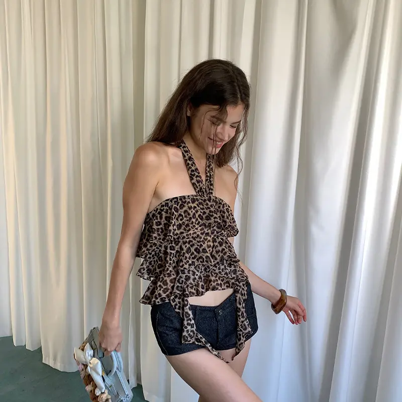 Korean Style Summer Vacation Leopard Print Halter Neck Backless Sling Design Sleeveless Vest For Women
