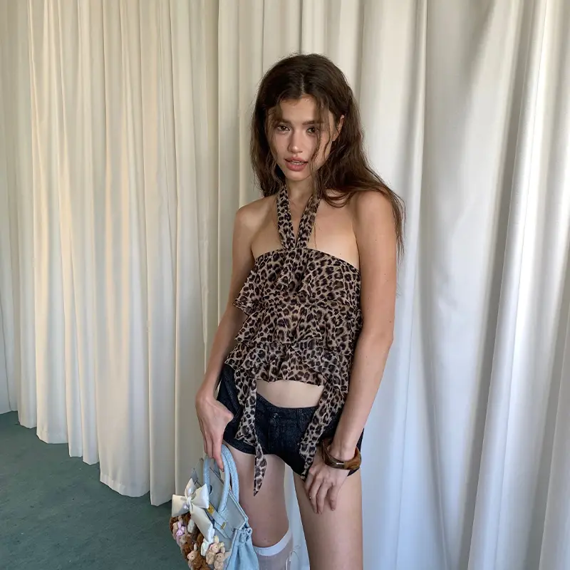 Korean Style Summer Vacation Leopard Print Halter Neck Backless Sling Design Sleeveless Vest For Women